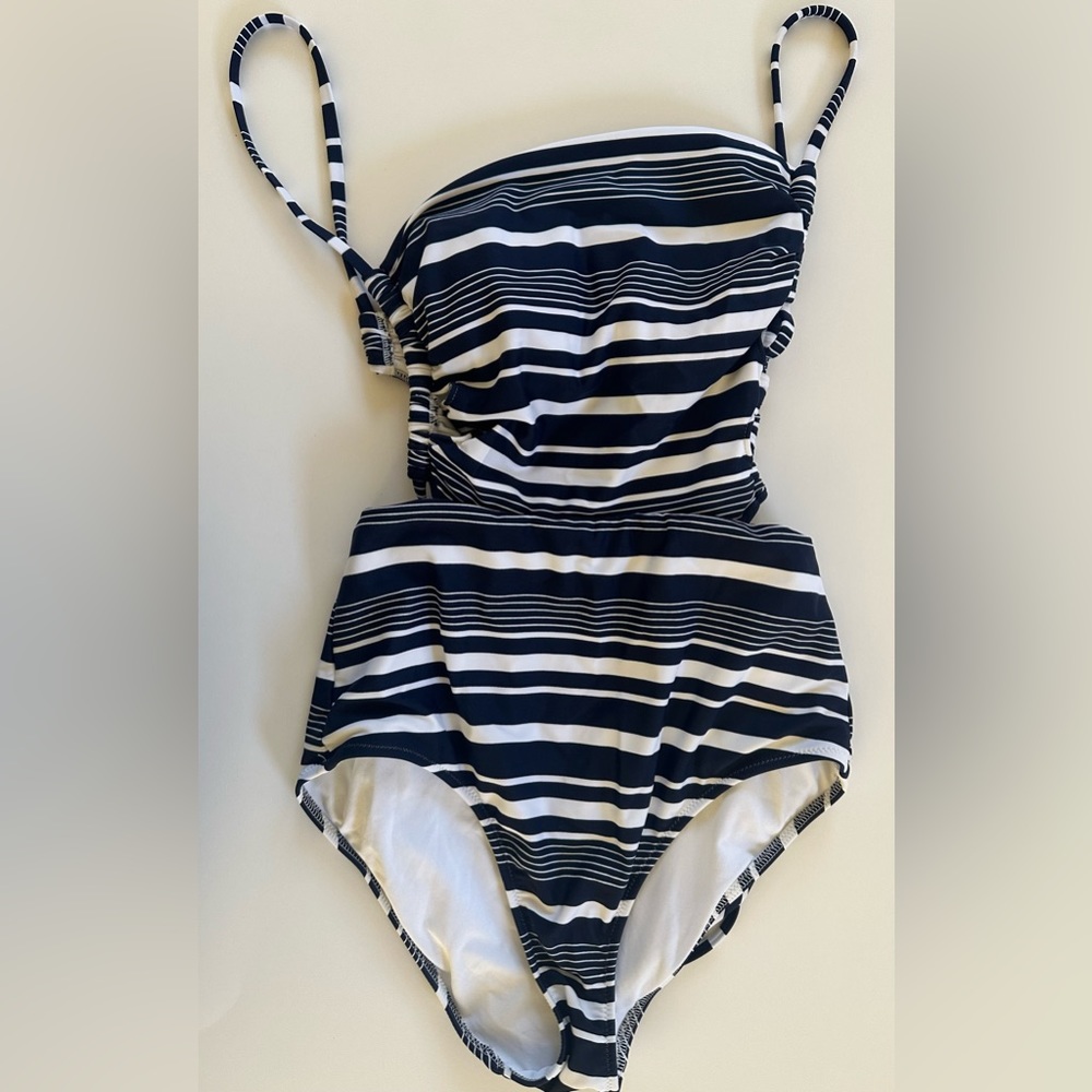 Aerie Navy & White Stripe Lace Up Bandeau One Piece Swimsuit Cut Out Sides SZ S